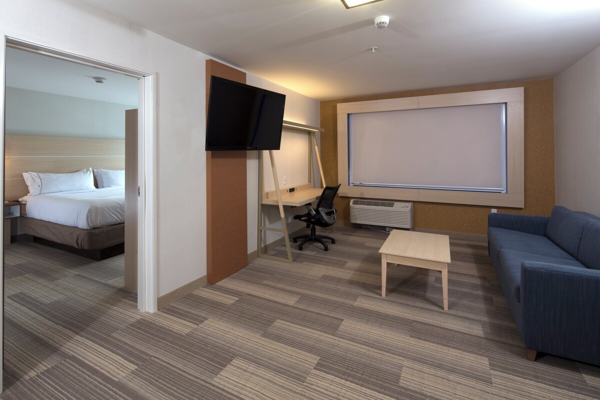 Ein Hotelzimmer mit Bett, Schreibtisch mit Stuhl, Fernseher, Projektionsleinwand und einer Couch.