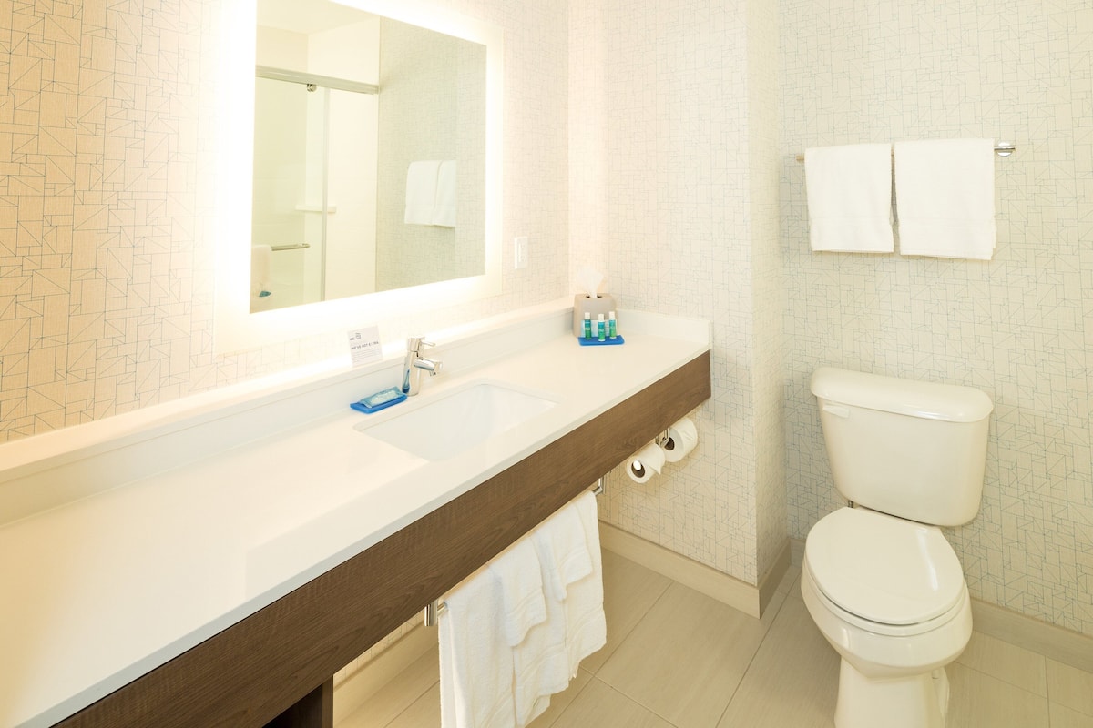 Combined shower/bathtub, free toiletries, hair dryer, towels