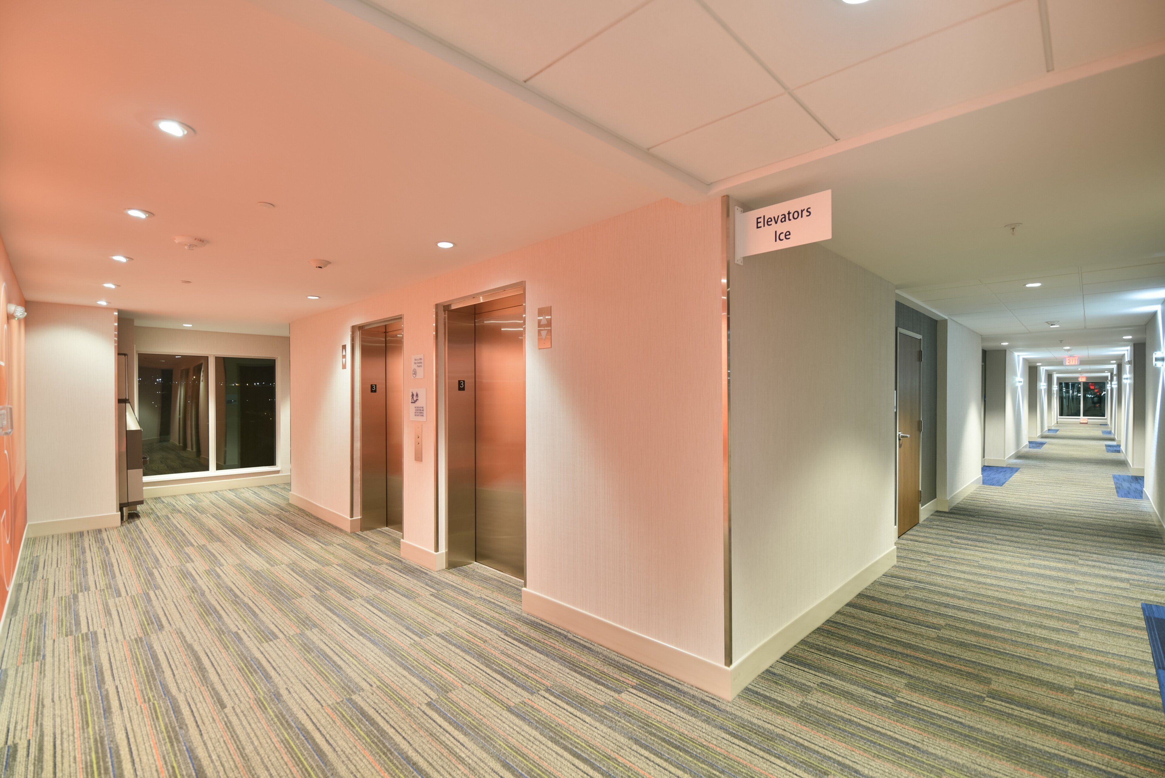 A hotel corridor with carpeted floors, doors, and an elevator area.