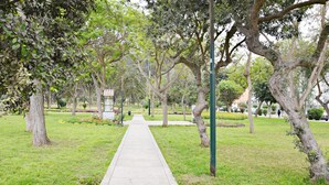 A pathway lined with trees and grass, leading to a building with a sign. - Departamentos Monterrico (Santiago de Surco)