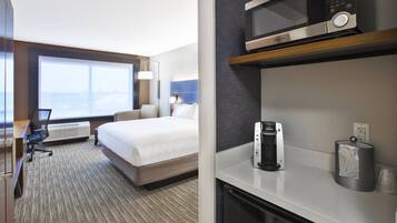 Desk, laptop workspace, blackout curtains, iron/ironing board