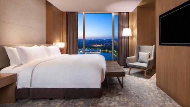 Une chambre d’hôtel avec un grand lit, une chaise, un téléviseur et une vue sur le paysage urbain.