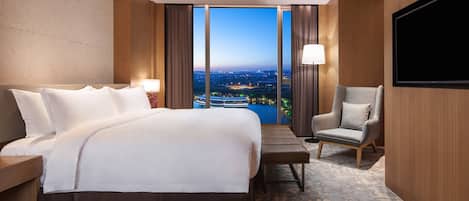Habitación de hotel con una cama grande, una silla, un televisor y vistas a la ciudad.