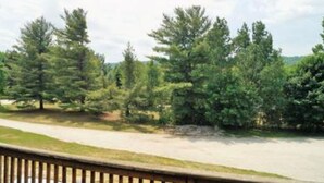A view of a forested area with a paved path and a wooden fence. - 6 Bed Blue Mountain Chalet with Hot Tub 8 (The Blue Mountains)