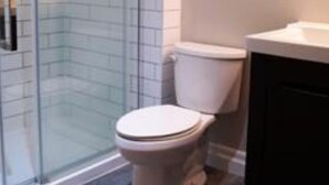 A bathroom with a glass-enclosed shower, a toilet, and a dark-colored vanity. - 6 Bed Blue Mountain Chalet with Hot Tub 8 (The Blue Mountains)