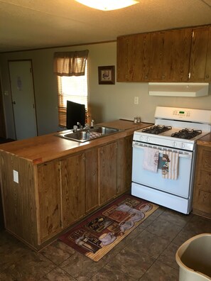 Cabin 5 | Private kitchen | Fridge, microwave, oven, stovetop - Fish-un-time Resort (Oakland)
