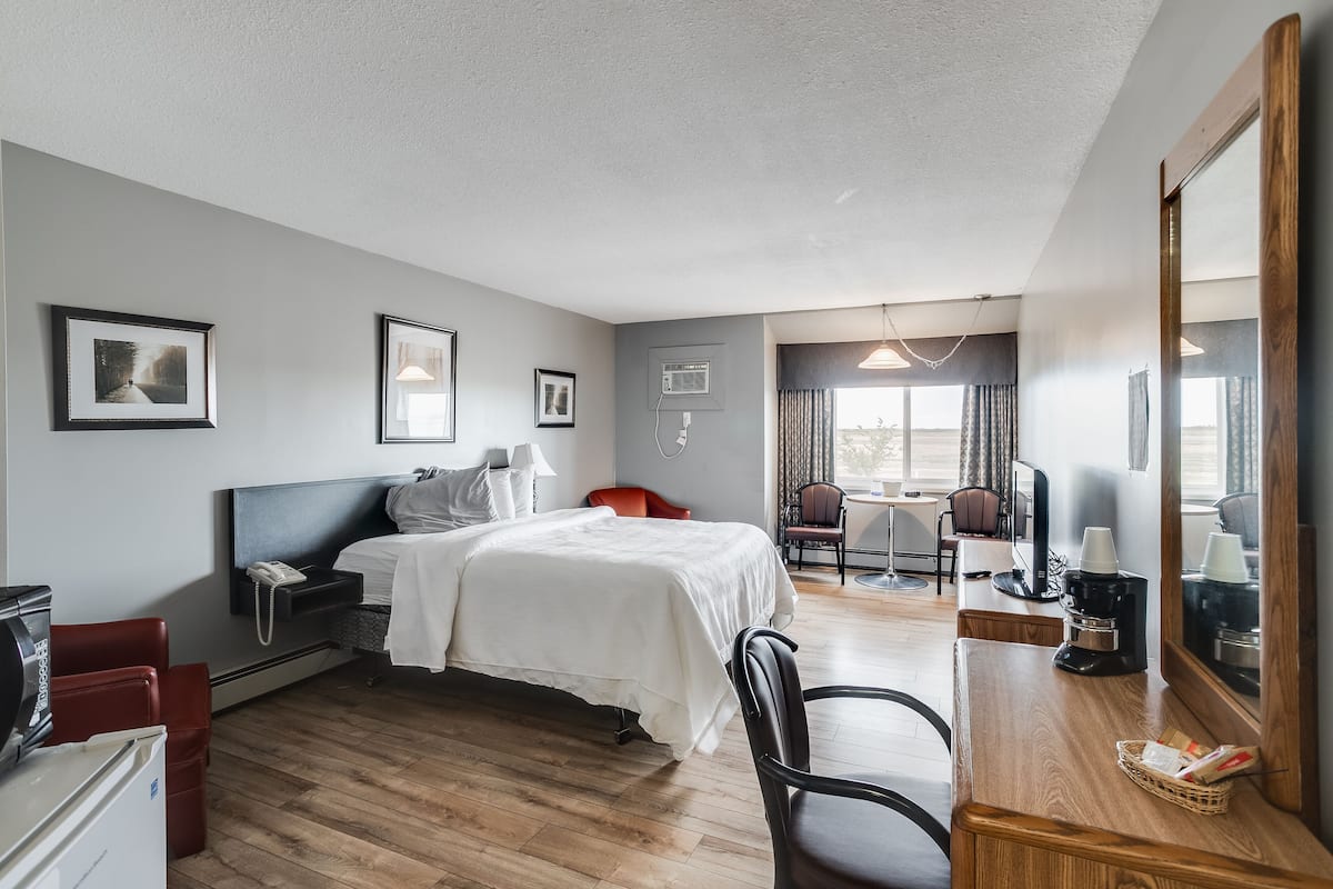 A hotel room with a bed, desk, chairs, and a dining area.