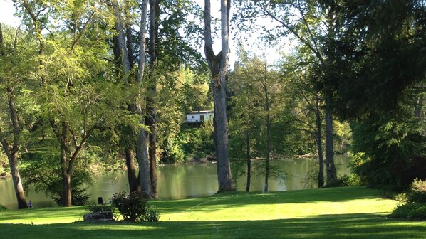 Une propriété paisible au bord d’un lac, avec une pelouse bien entretenue, de grands arbres et une petite maison en arrière-plan.
