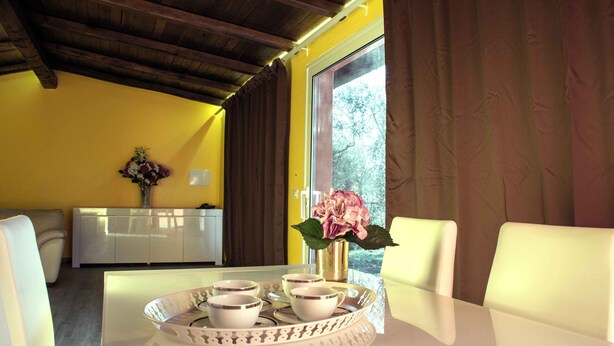 A dining area with a white table, a tray with cups and saucers, a vase with flowers, and a view through a window with curtains. - Detached house with large private pool for exclusive use (Riano, Roma)