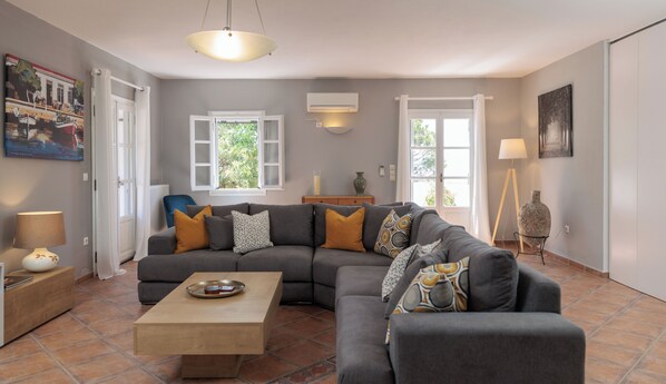 Älytelevisio, takka, DVD-soitin, kirjoja