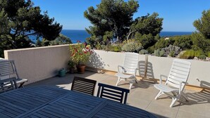 Une terrasse avec une table et des chaises, un pot de fleurs et une vue sur la mer.