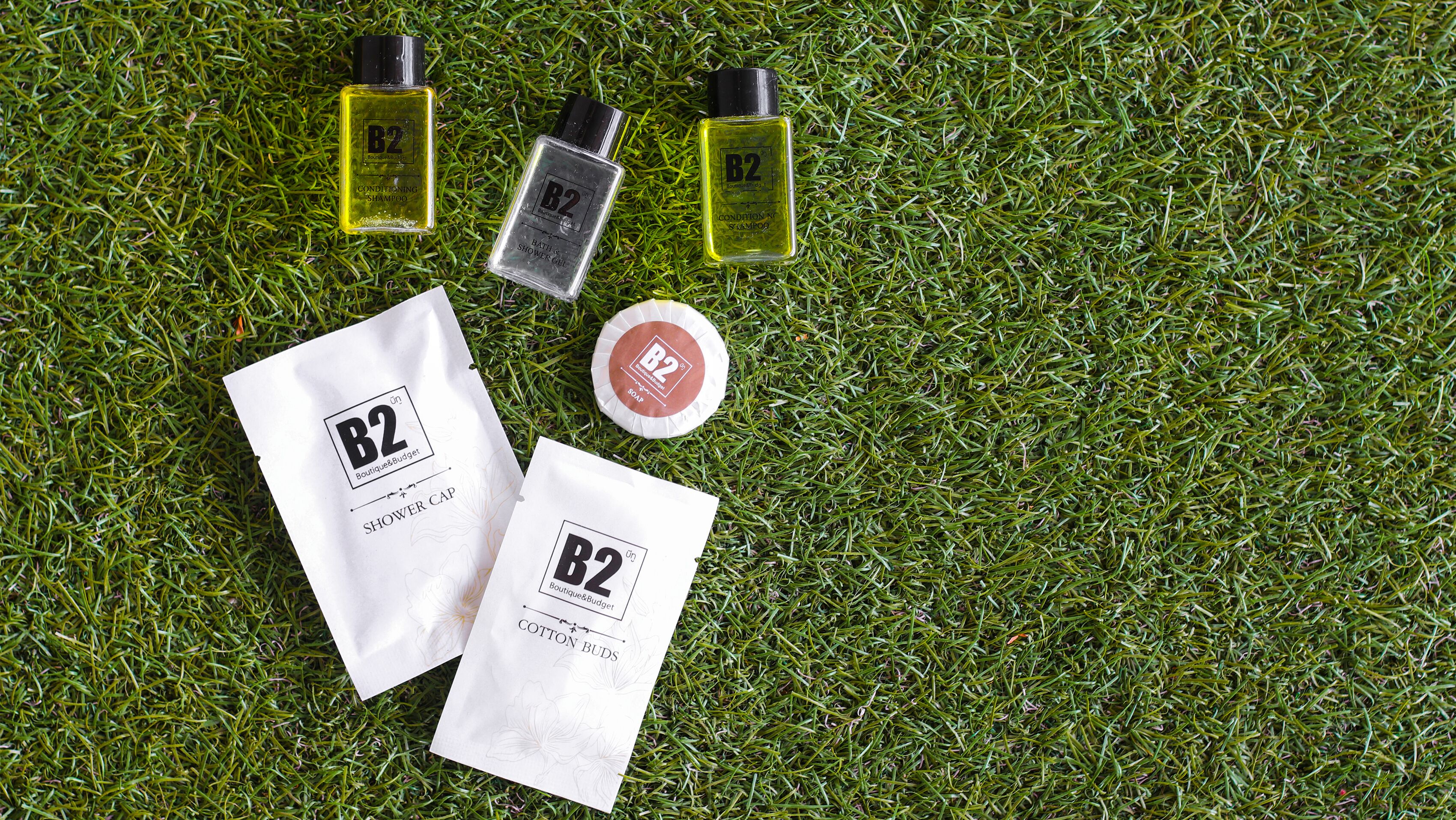 Un ensemble de produits de soins personnels de la marque B2, disposés sur une surface herbeuse.