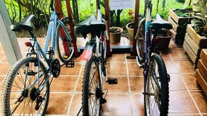 A covered bike rental area with two bicycles, a sign indicating 'QUA ROVIANA BIKES & RENTAL', and potted plants. - Qua Roviana Motel (Munda)