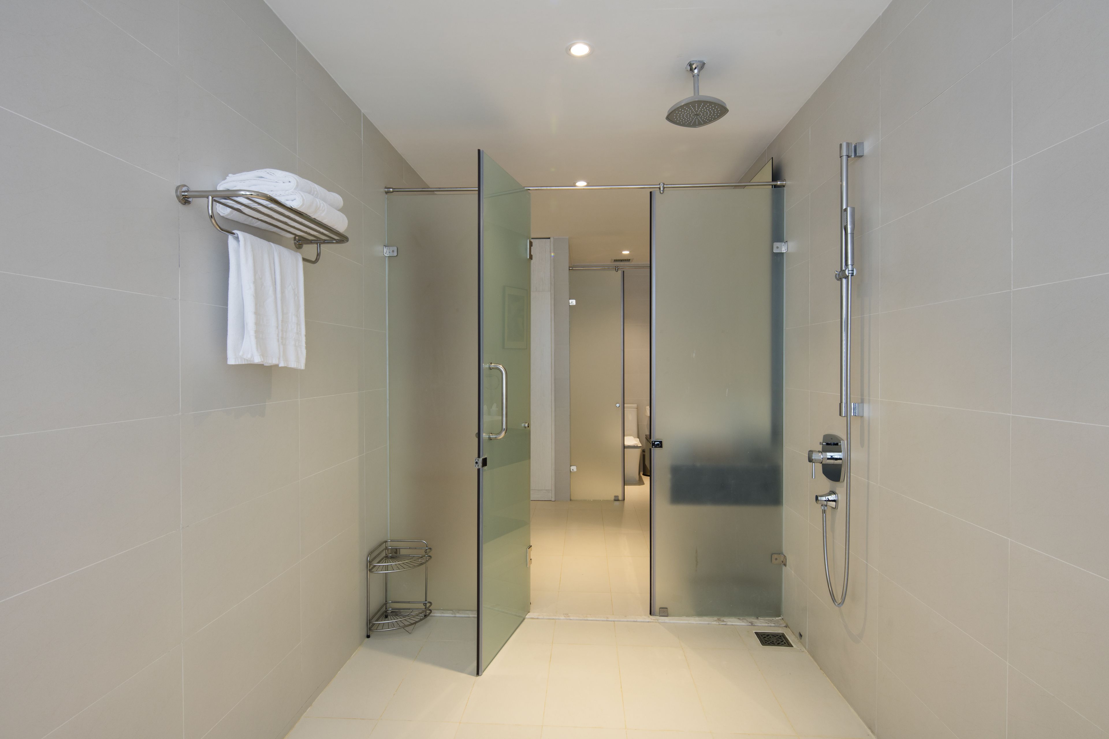 A modern bathroom with a glass-enclosed shower, a towel rack, and a visible toilet in the background.
