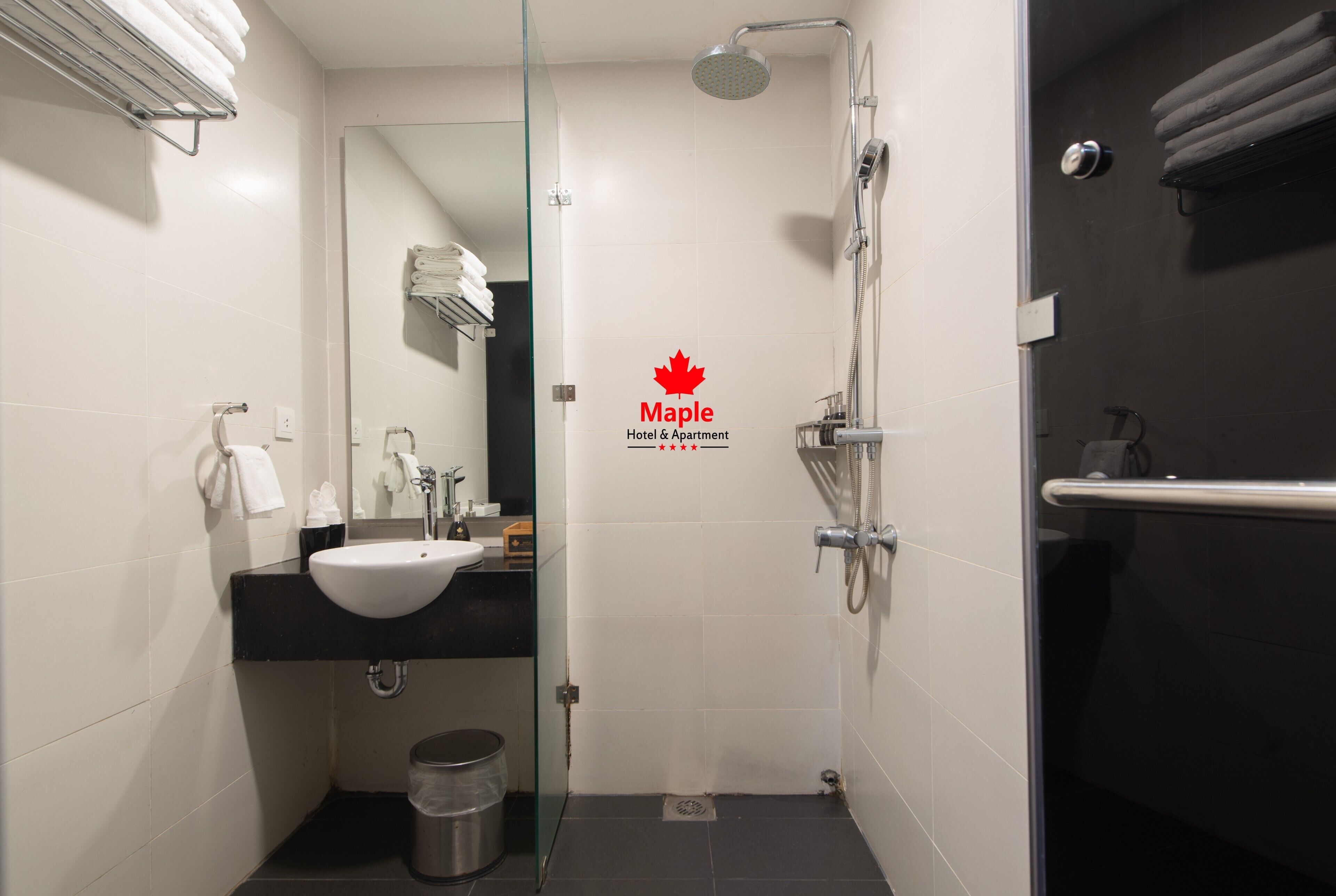 Une salle de bain moderne avec un lavabo blanc, un miroir et une cabine de douche en verre.