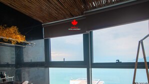 A bathtub filled with rose petals and a view of the sea through large windows. - Maple Hotel & Apartment (Nha Trang)