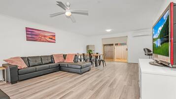 Echuca Moama Holiday Accommodation 1 | Living area | 50-inch TV with digital channels, Netflix, DVD player