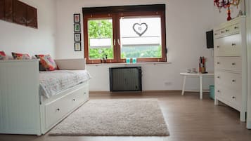 Una televisión, un reproductor de DVD, libros, una biblioteca de música