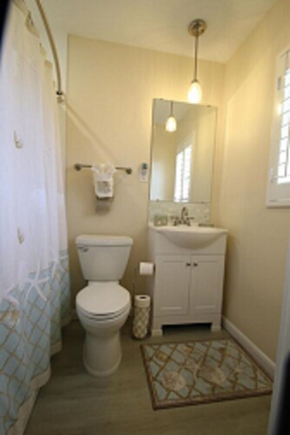 A bathroom with a toilet, sink, and mirror.