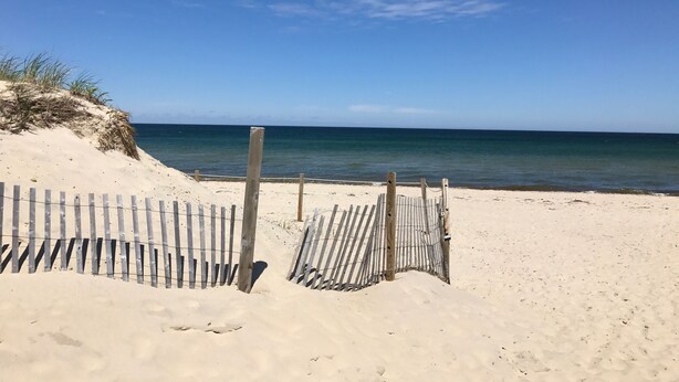 A sandy beach with a wooden fence and a clear view of the ocean. - CLEAN, Walk To Beach, Ferries, Downtown, Newly Renovated House, Pet Friendly (Yarmouth)