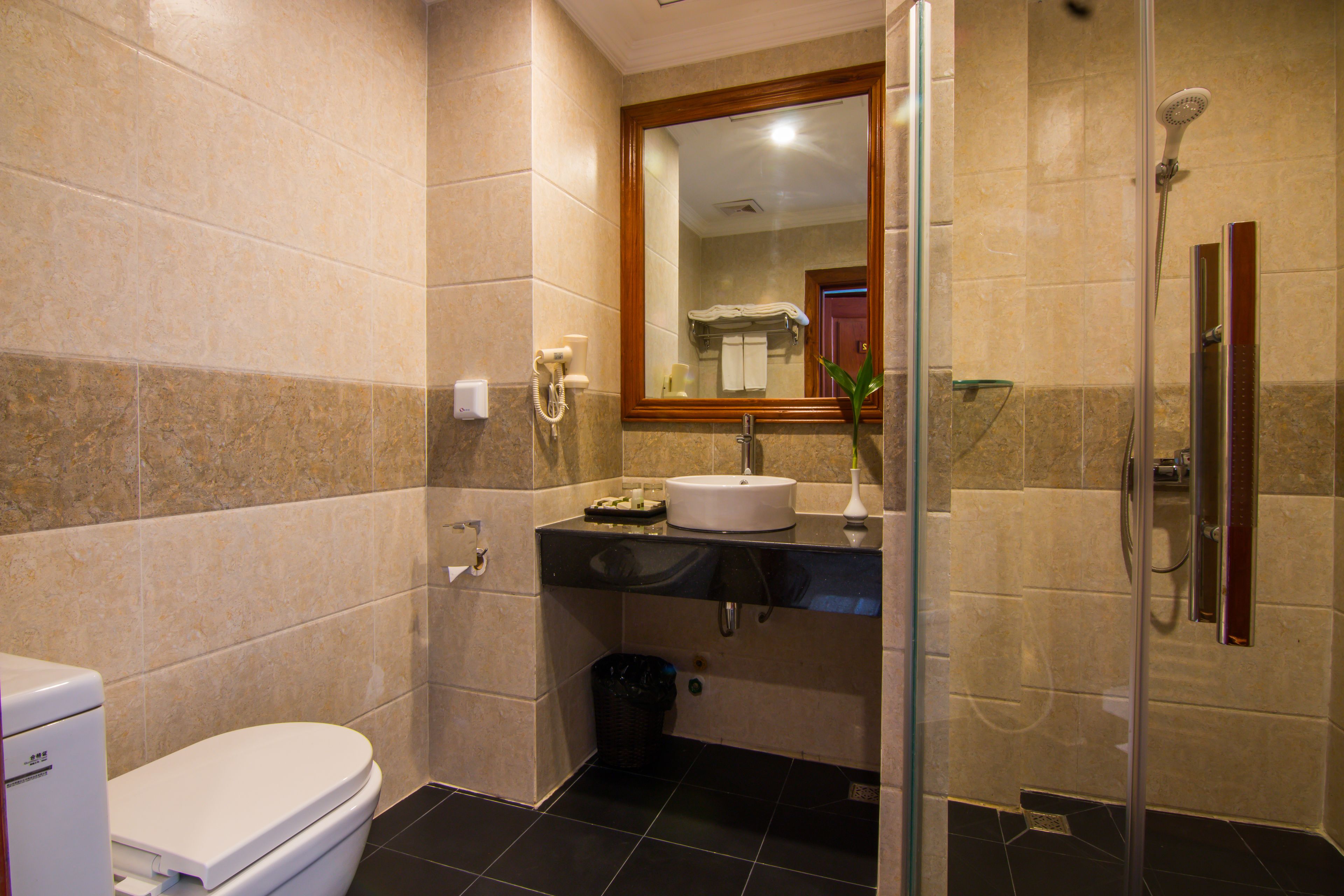 Une salle de bain équipée de toilettes, d’un lavabo, d’un miroir, d’une douche et de murs carrelés.