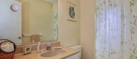 Ein Badezimmer mit Waschbecken, Spiegel, Toilette und Duschvorhang.