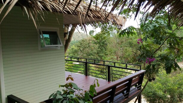 Une terrasse en bois avec une rambarde, un toit de chaume et une vue sur une végétation luxuriante.