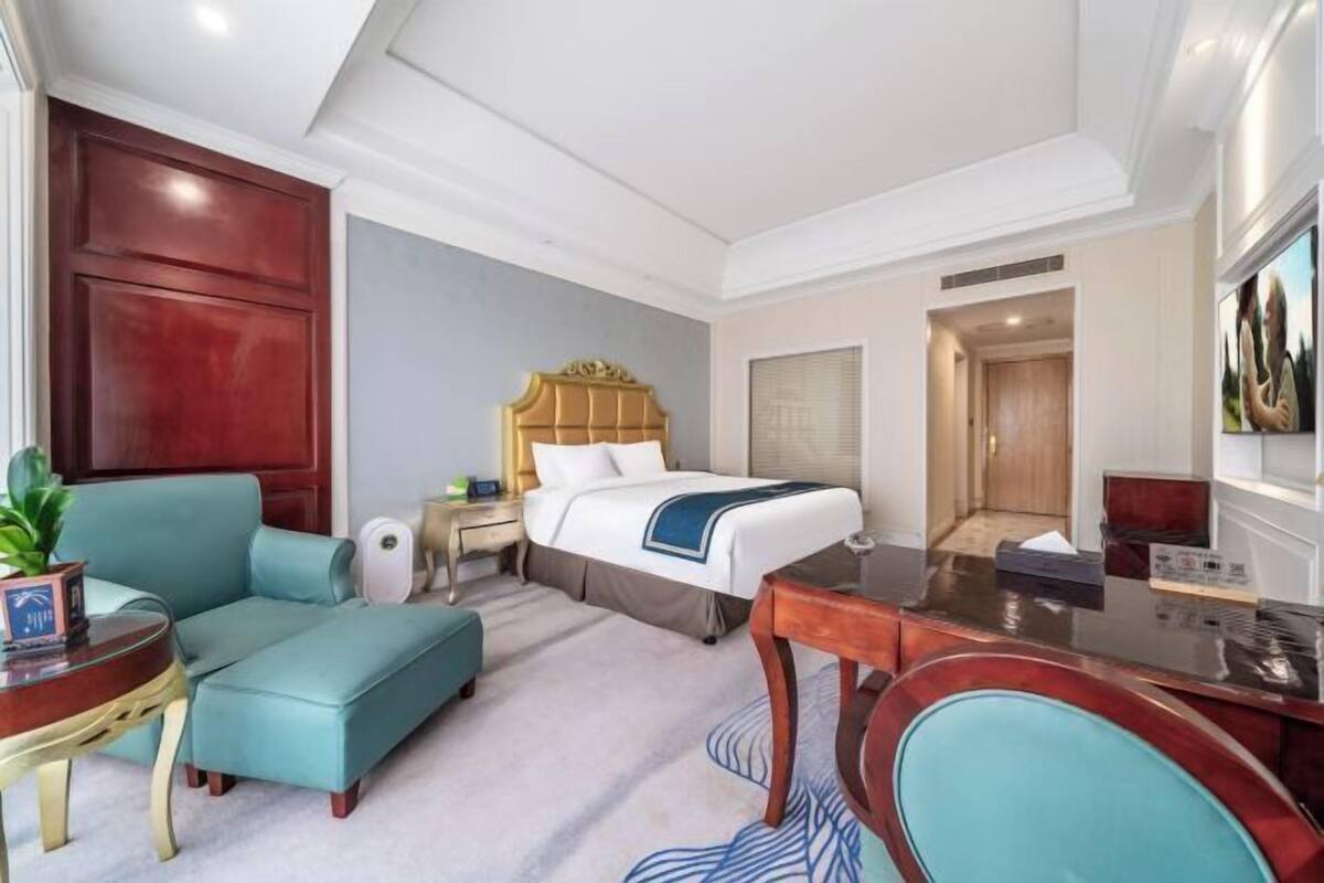 A hotel room with a bed, a desk, a chair, a sofa, and a small table with a plant.