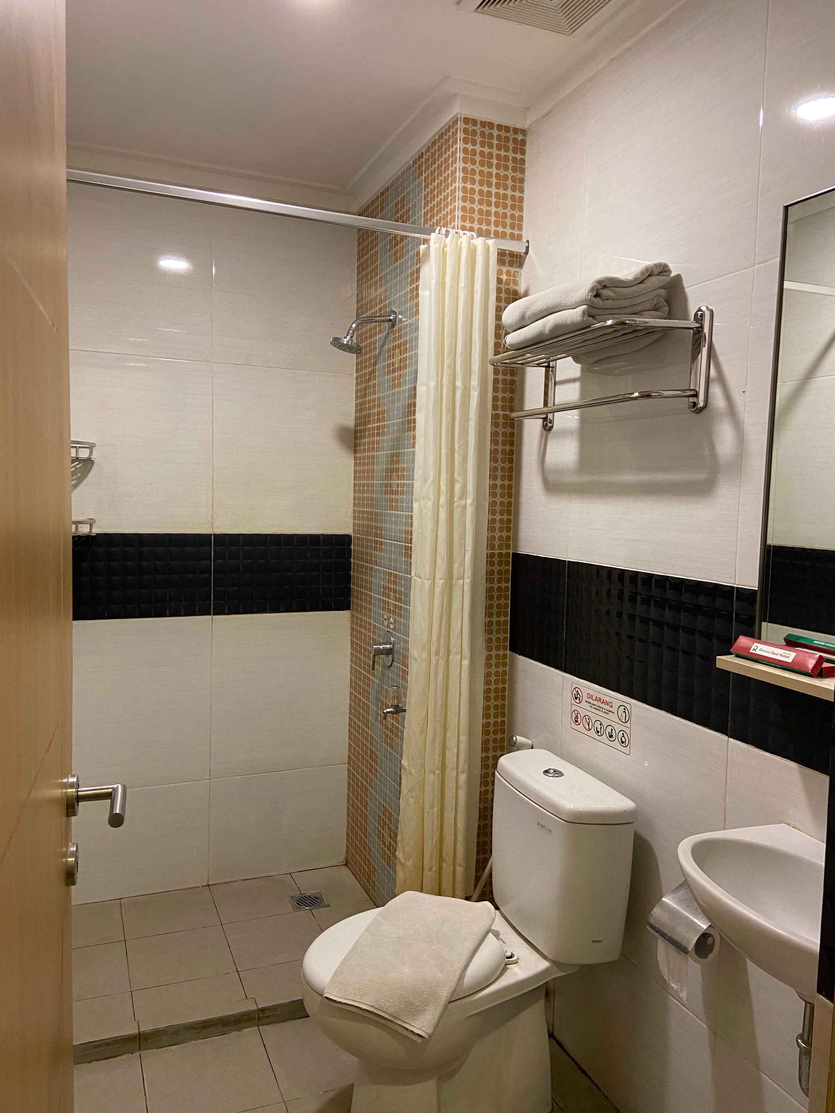 Un baño con inodoro, lavamanos, ducha y un perchero para toallas.