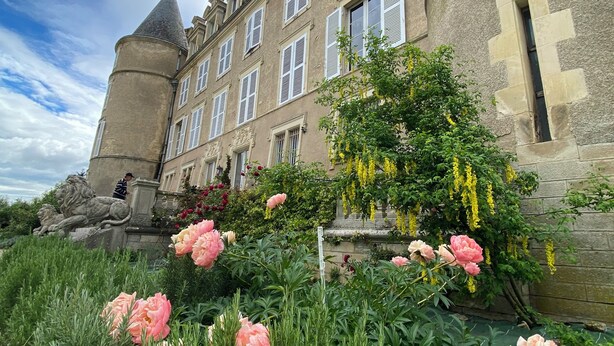 Ein historisches Gebäude mit einem Turm und zahlreichen Fenstern, umgeben von üppiger Vegetation und Blumen.