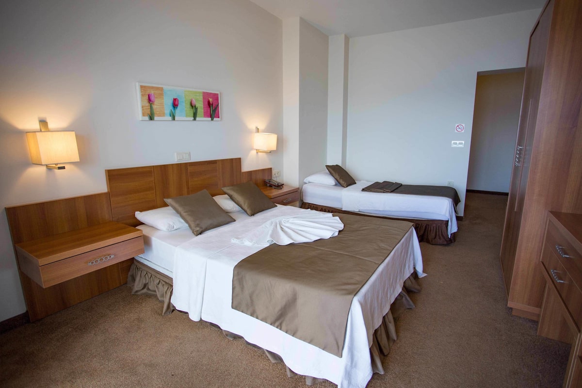 Habitación de hotel con dos camas, cabeceros de madera, lámparas de noche, una obra de arte en la pared y un armario.