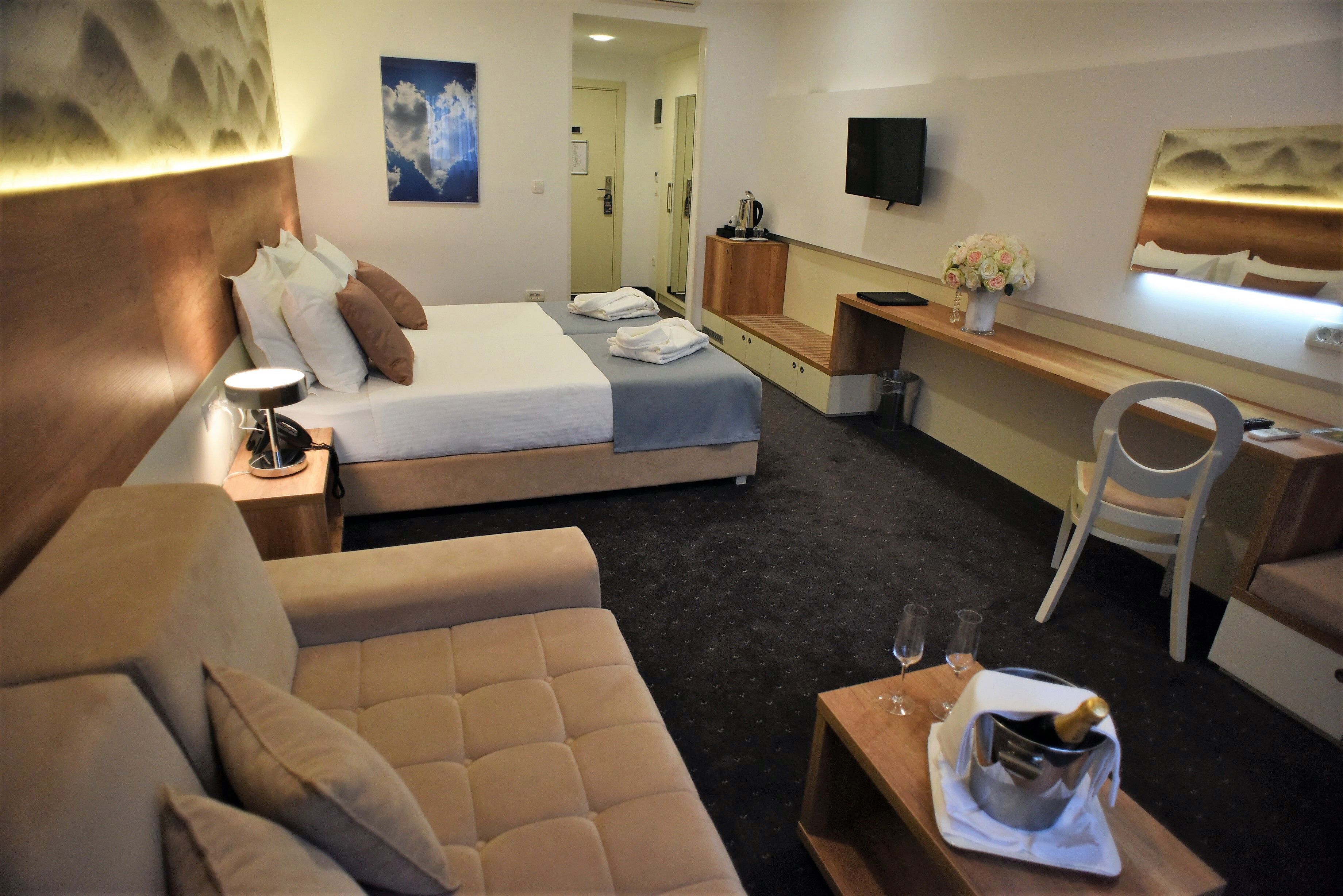 Une chambre d’hôtel comprenant un lit, un canapé, un bureau avec une chaise, une télévision et un miroir.