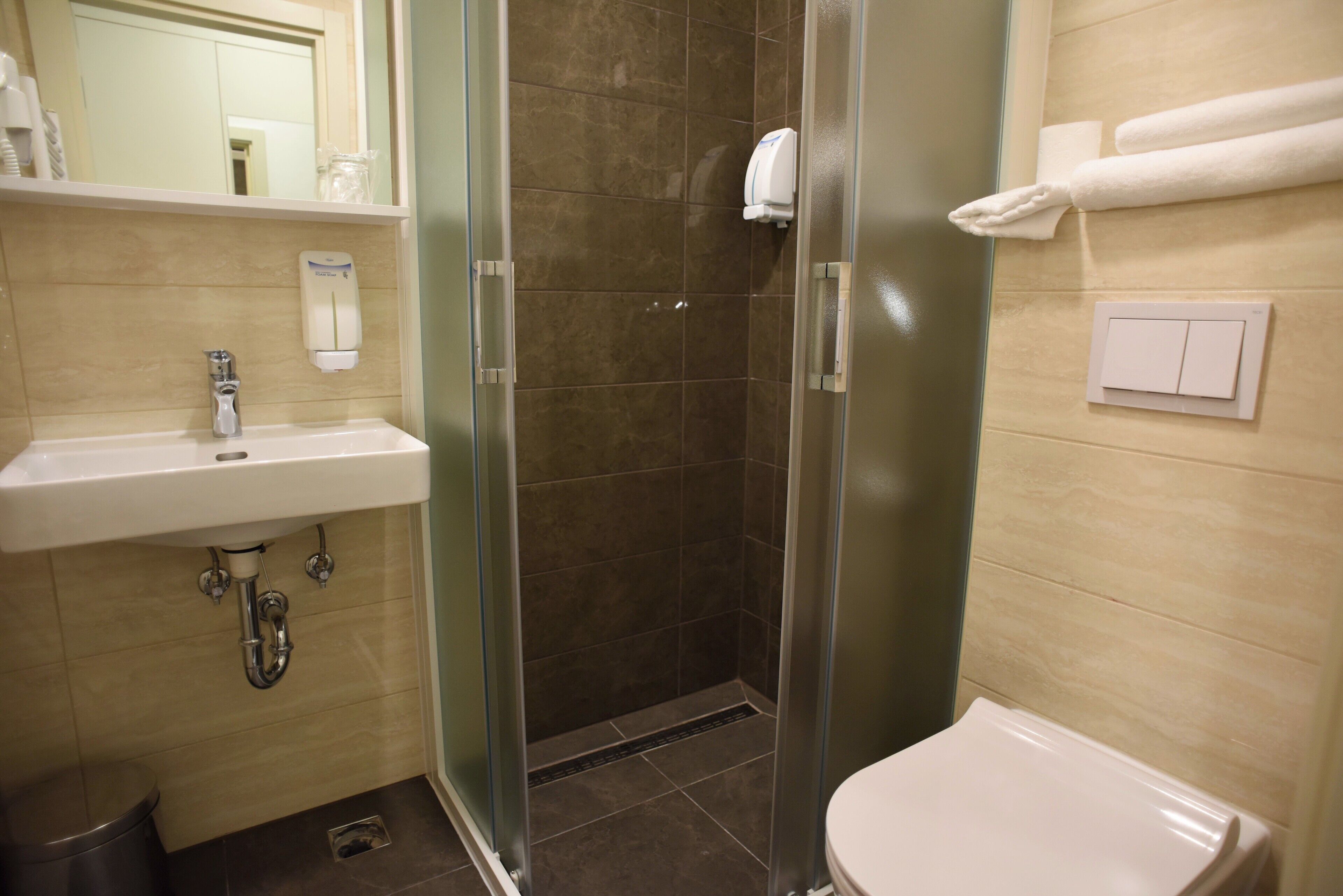 Une salle de bain avec une douche à parois de verre, un lavabo avec un distributeur de savon et des toilettes.