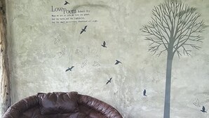 Une pièce avec un sol en béton, un fauteuil en cuir marron, une horloge murale et une fresque représentant un arbre et des oiseaux.