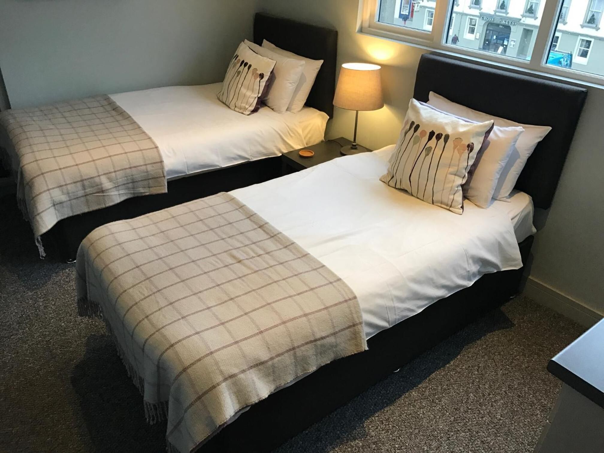 Two single beds with checkered blankets, a bedside lamp, and a view of the street through a window.