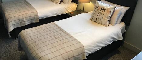 Two single beds with checkered blankets, a bedside lamp, and a view of the street through a window.