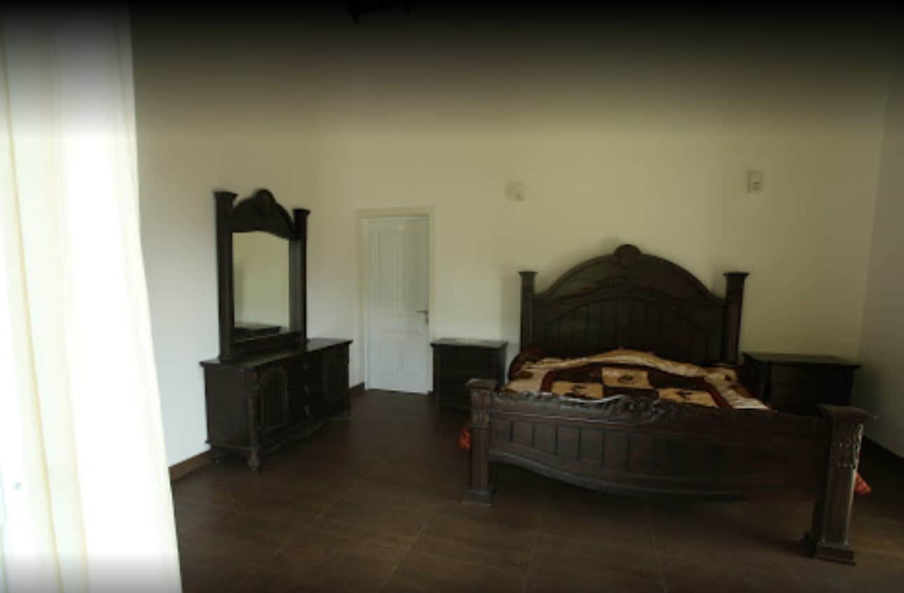 A bedroom with a wooden bed, a dresser, a mirror, and a door.
