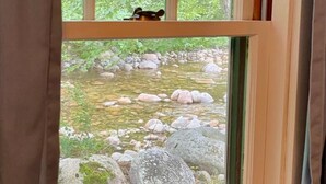 A window with a view of a rocky stream and trees. - Mount Coolidge Motel (Lincoln)