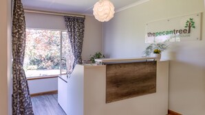 A reception desk with a wooden panel, a sign reading "the pecan tree guesthouse," and a window with curtains. - The Pecan Tree (Sandton)
