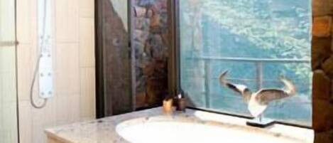 Separate tub and shower, deep soaking tub, hair dryer, bidet