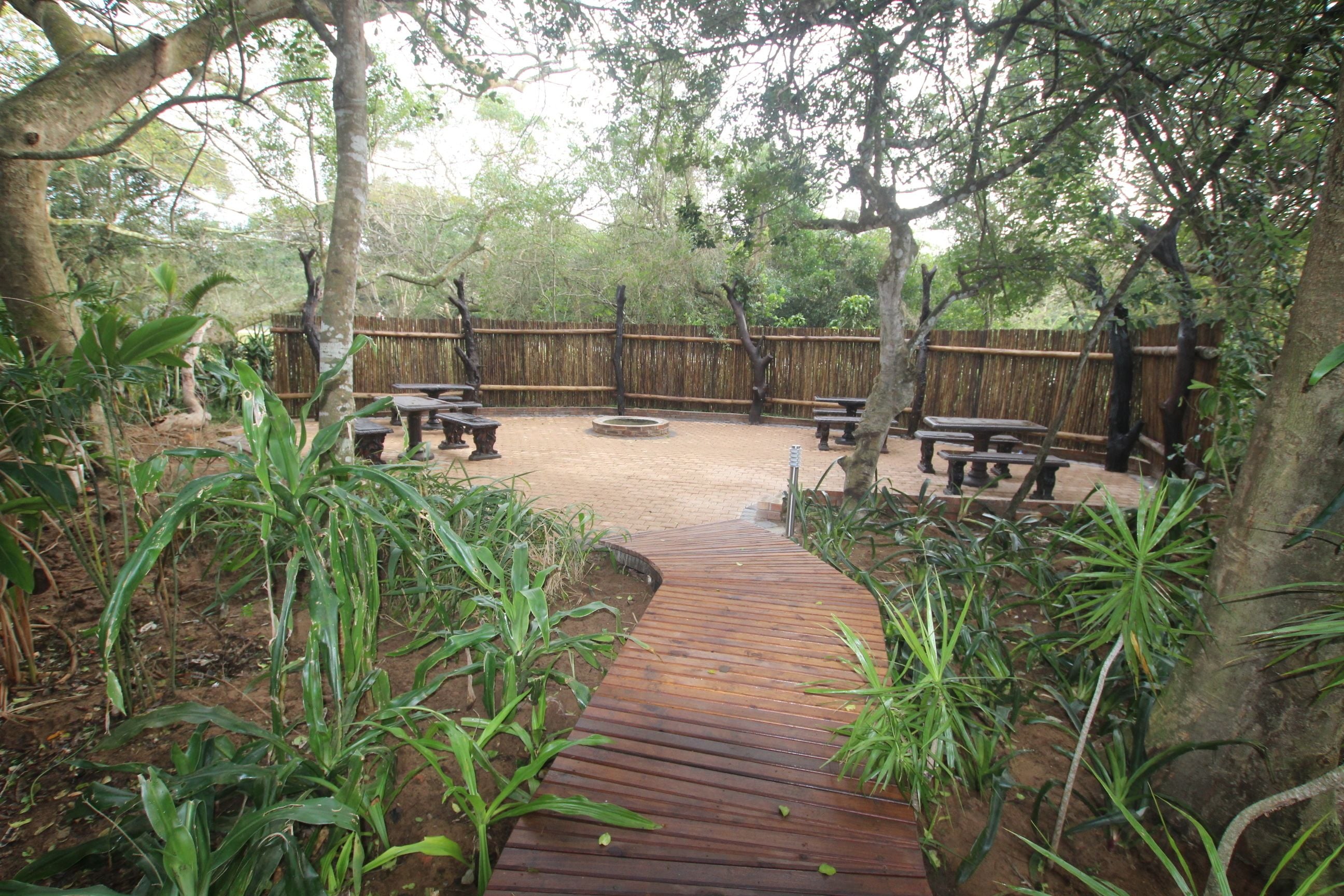 Une terrasse en bois mène à un espace de détente agrémenté de bancs et de tables, le tout entouré de verdure et d’arbres.