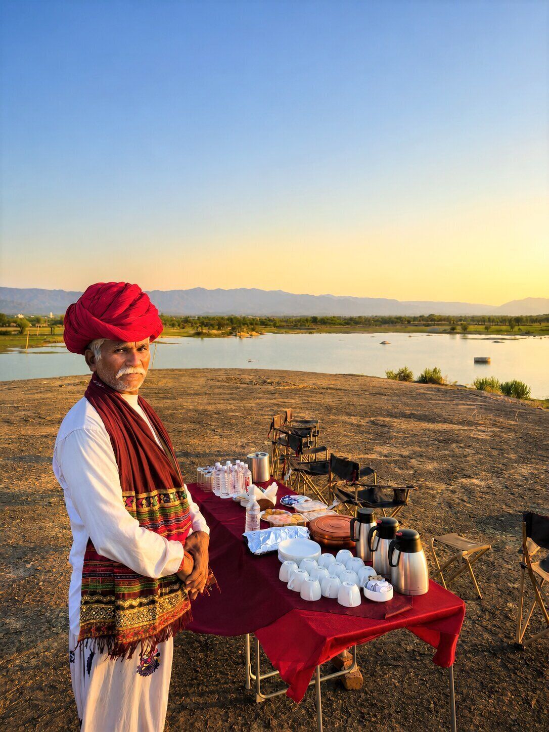 Una persona de pie junto a una mesa con varios objetos, frente a un lago y montañas.