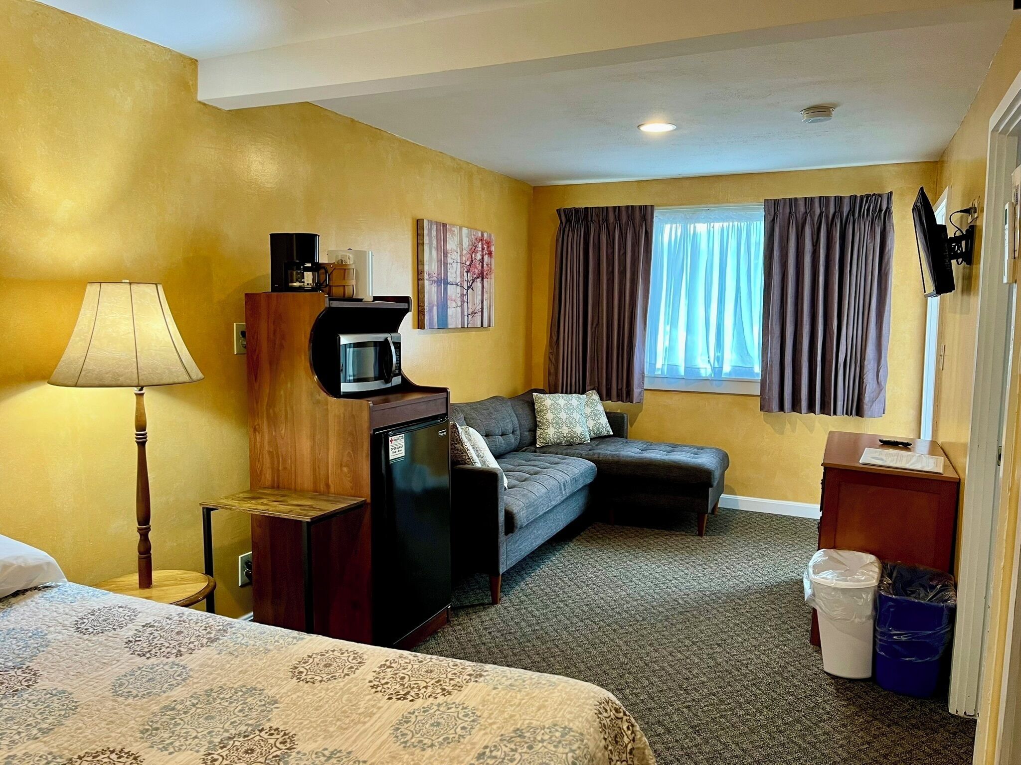 Habitación de hotel con cama, sofá, escritorio con microondas, lámpara, televisor y ventana con cortinas.