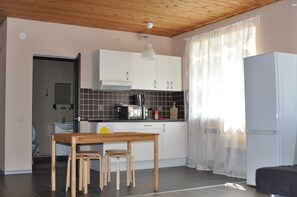 Departamento superior, 1 habitación, vista al jardín | Cocina privada | Refrigerador con congelador, microondas, horno y parrilla de estufa