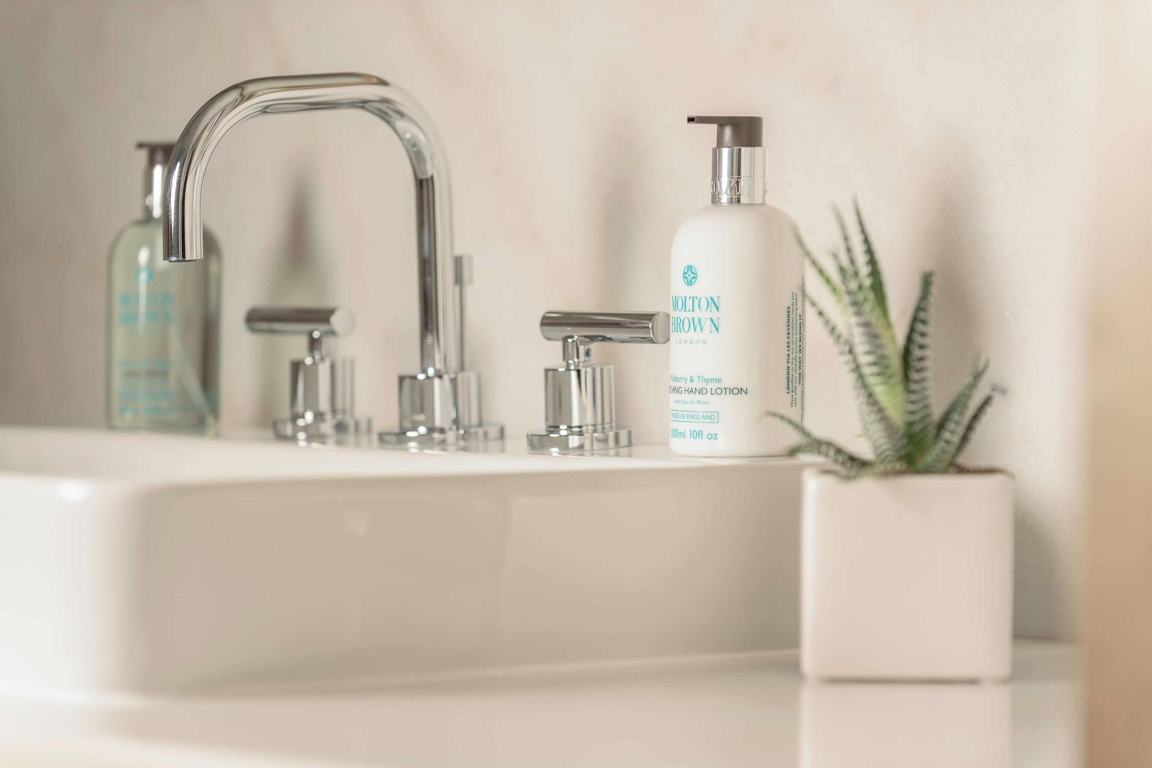 Un lavamanos de baño con un grifo moderno, una botella de crema hidratante y una planta en maceta.