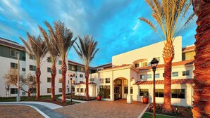 A courtyard with palm trees, a brick pathway, and a building with a tiled roof.