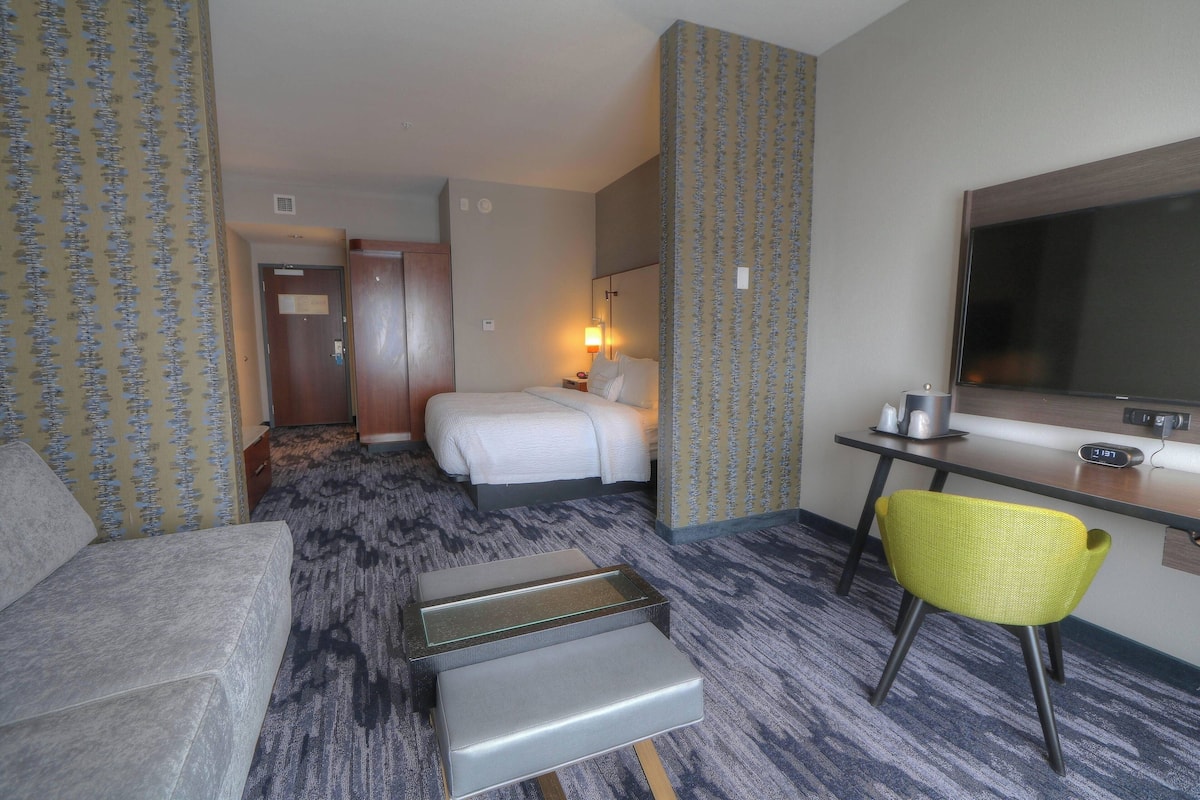 Une chambre d’hôtel comprenant un lit, un canapé, un bureau, une chaise et un téléviseur.