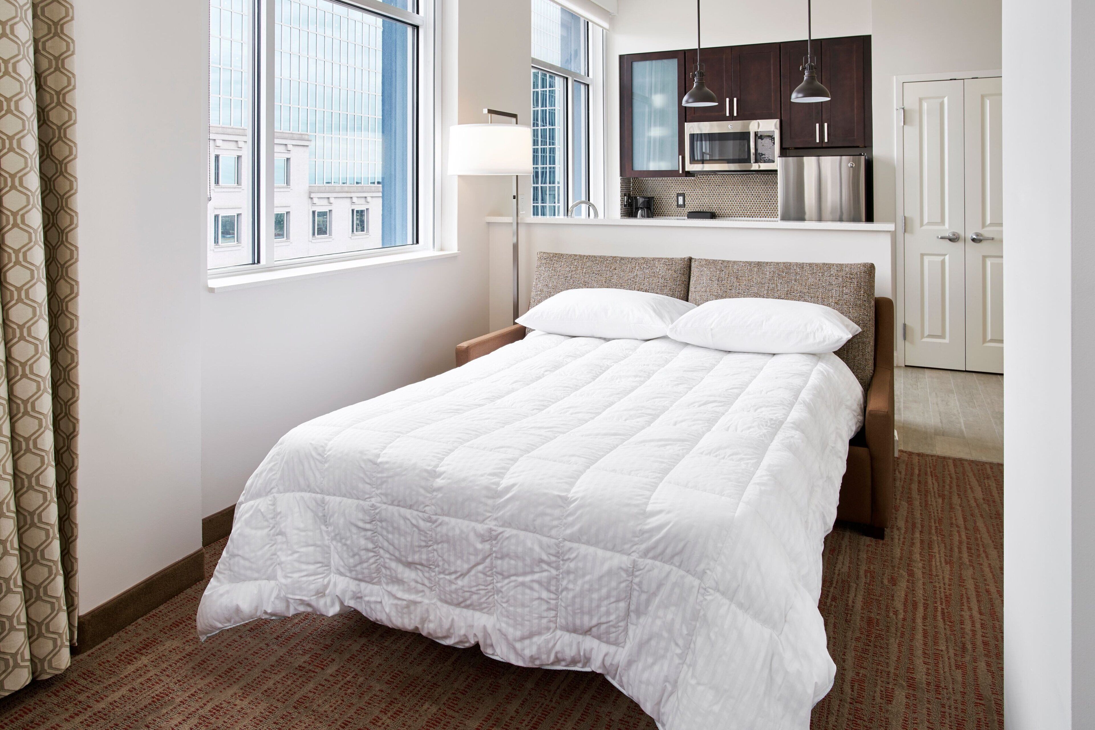 1 bedroom, desk, laptop workspace, blackout curtains