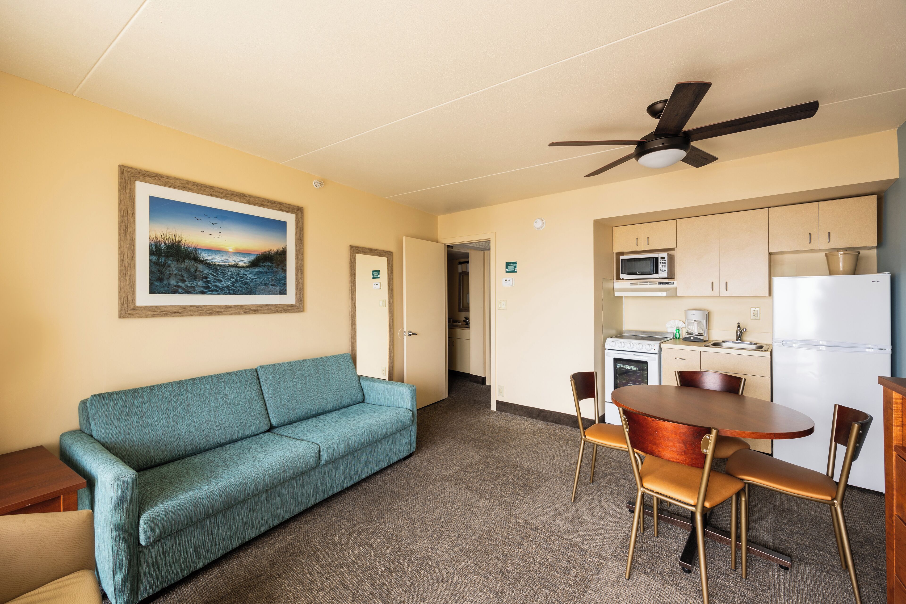 Kamar Standar, 1 Tempat Tidur King dengan tempat tidur Sofa, dapur kecil, pemandangan samudra | Ruang keluarga | TV layar datar dan pemutar DVD