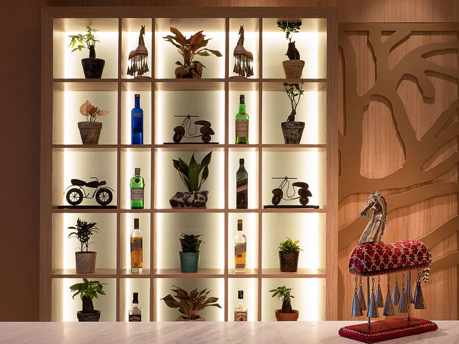 A well-lit display of various potted plants and decorative items on shelves against a wooden wall.